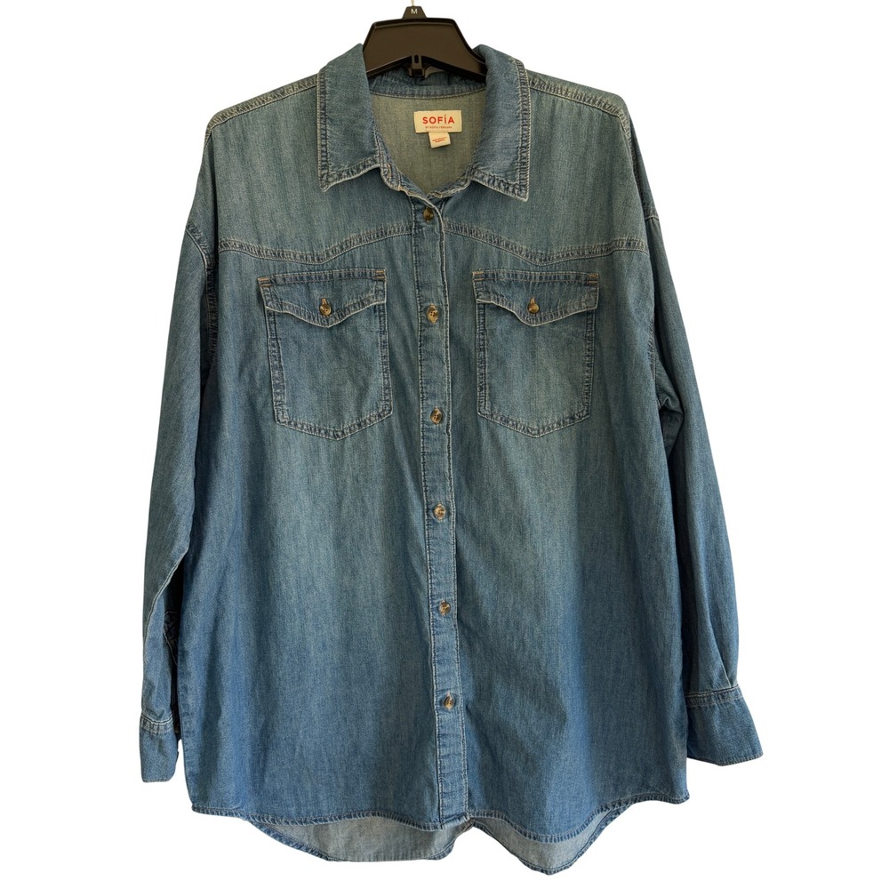 Sofia by Sofia Vergara Womens XL Denim Button Down Shirt Medium Wash Cotton Blue